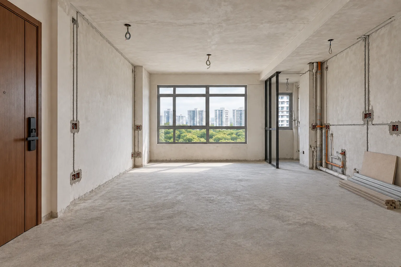 HDB flat stripped back to the shell, with new conduits and pipes laid in